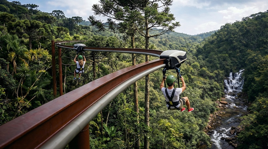 Parque do Caracol estreia tirolesa motorizada em curva inédita no Brasil 1 parque do caracol - Acontece Gramado